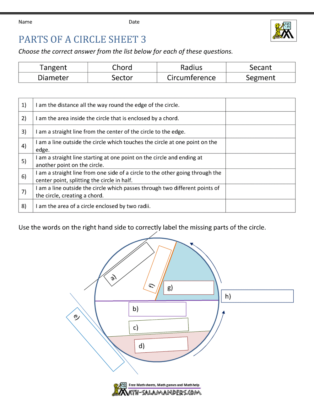 Parts Of A Circle Worksheet Parts Of A Circle Worksheet