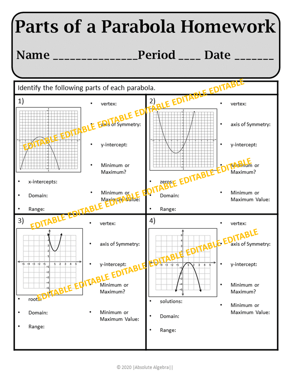 Parts Of A Parabola Notes Practice Homework Editable U6 Absolute Algebra