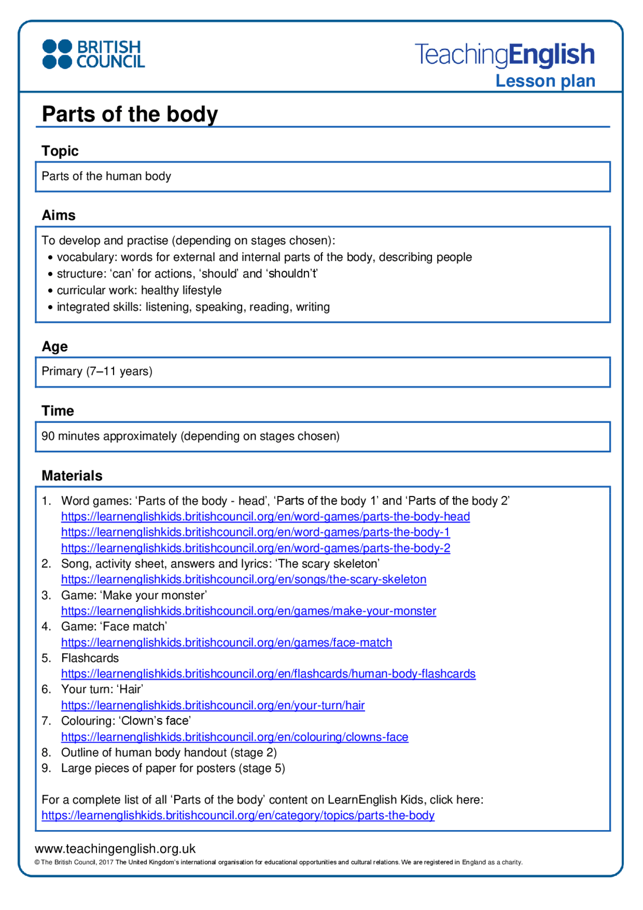 Parts Of The Body Lesson Plan For Primary School 7 11 Years Dispense Di Lingua Inglese Docsity Parts Of The Body Lesson Plan For Primary School 7 11 Years Dispense Di Lingua Inglese Docsity