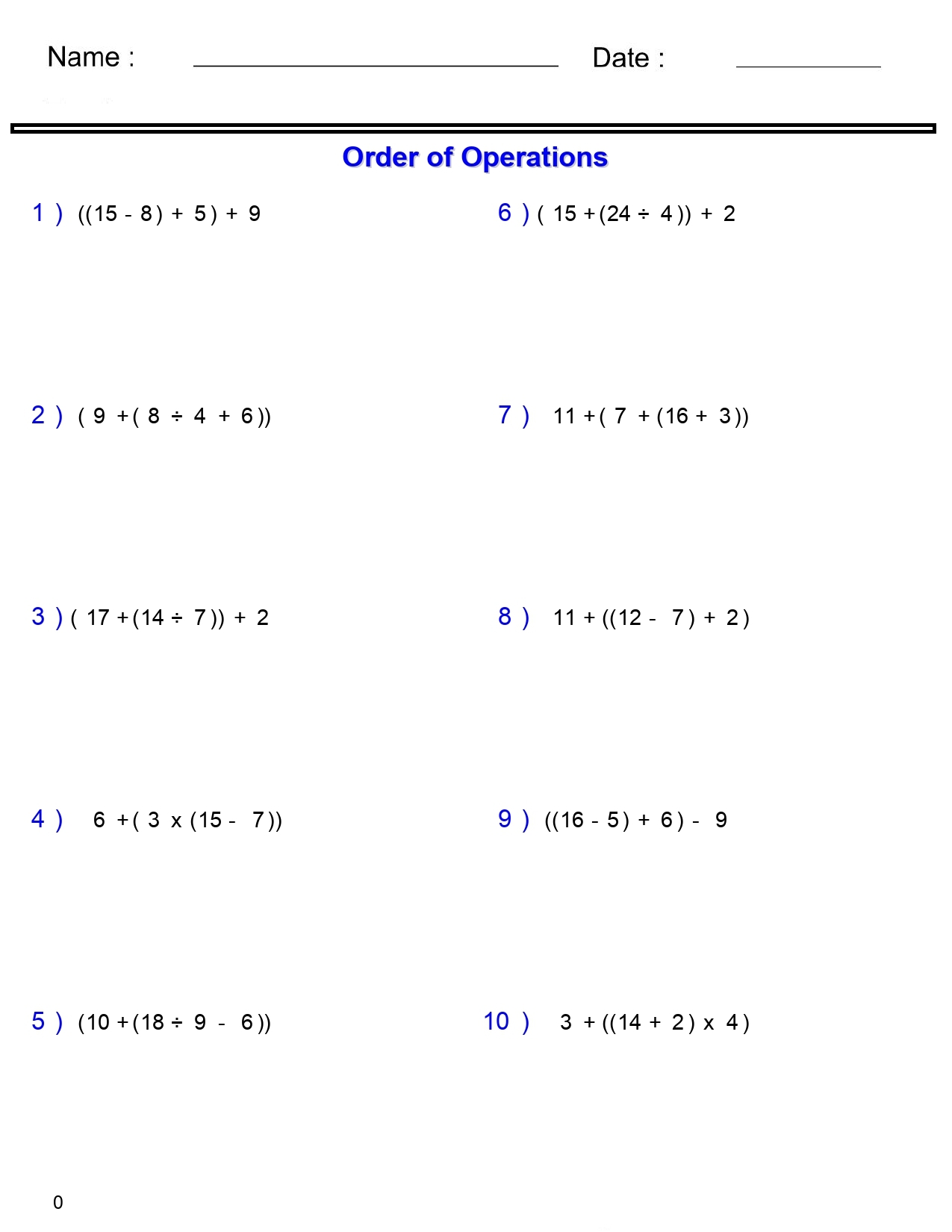 PEMDAS Problems Order Of Operations Worksheets Basic With Nested Parentheses Made By Teachers Simplifying Expressions Worksheets K12 Math Worksheets