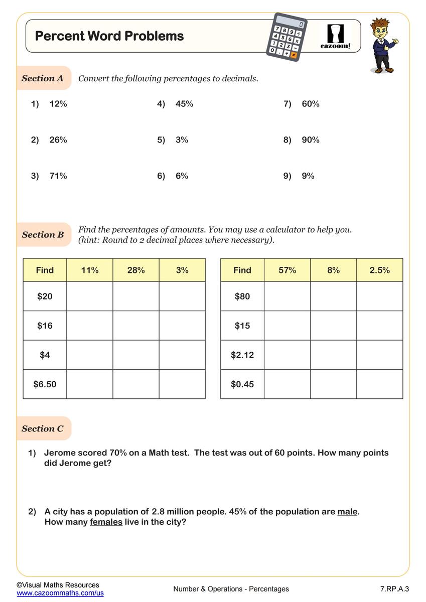 Percent Word Problems As Decimal Expressions Worksheet Download