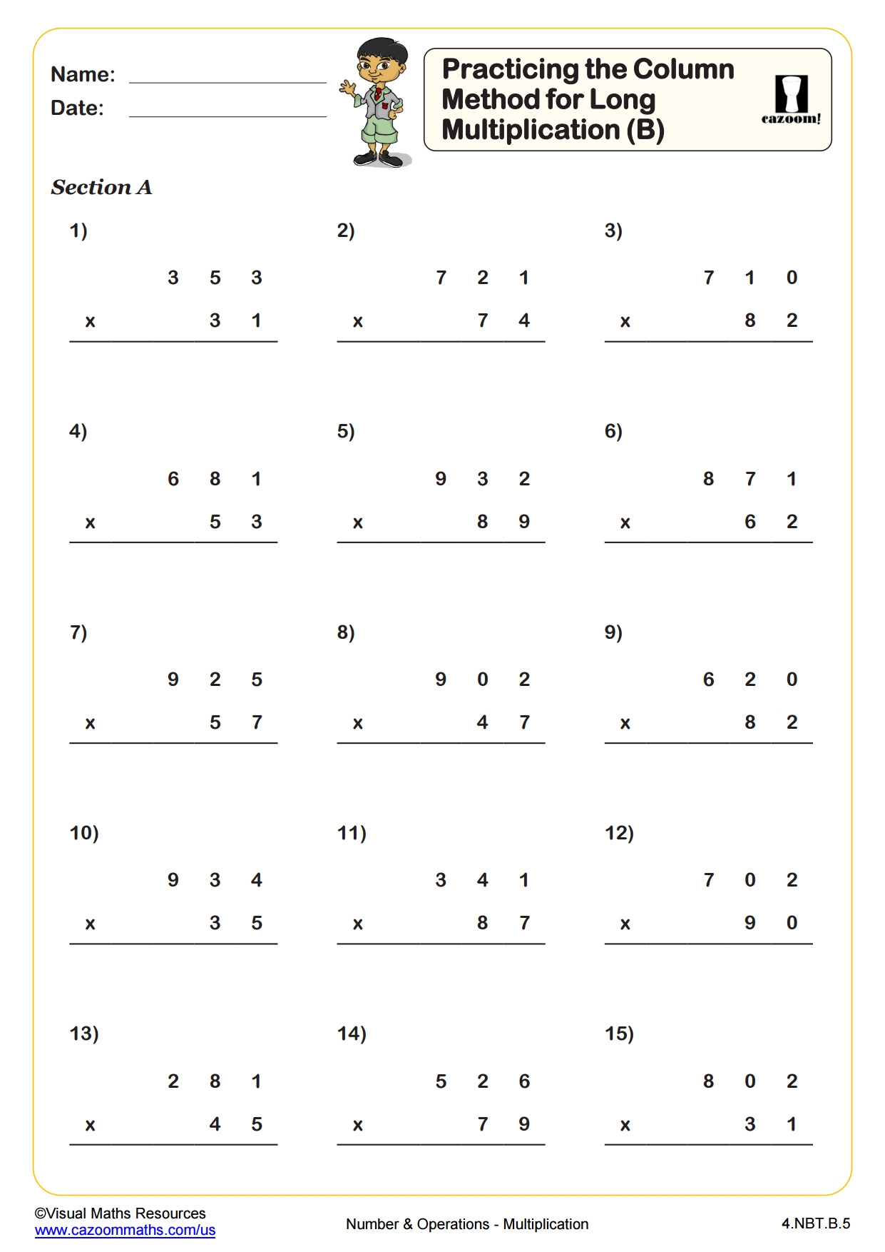 Practicing The Column Method For Long Multiplication B PDF Printable Number And Operations Worksheets Cazoom Math