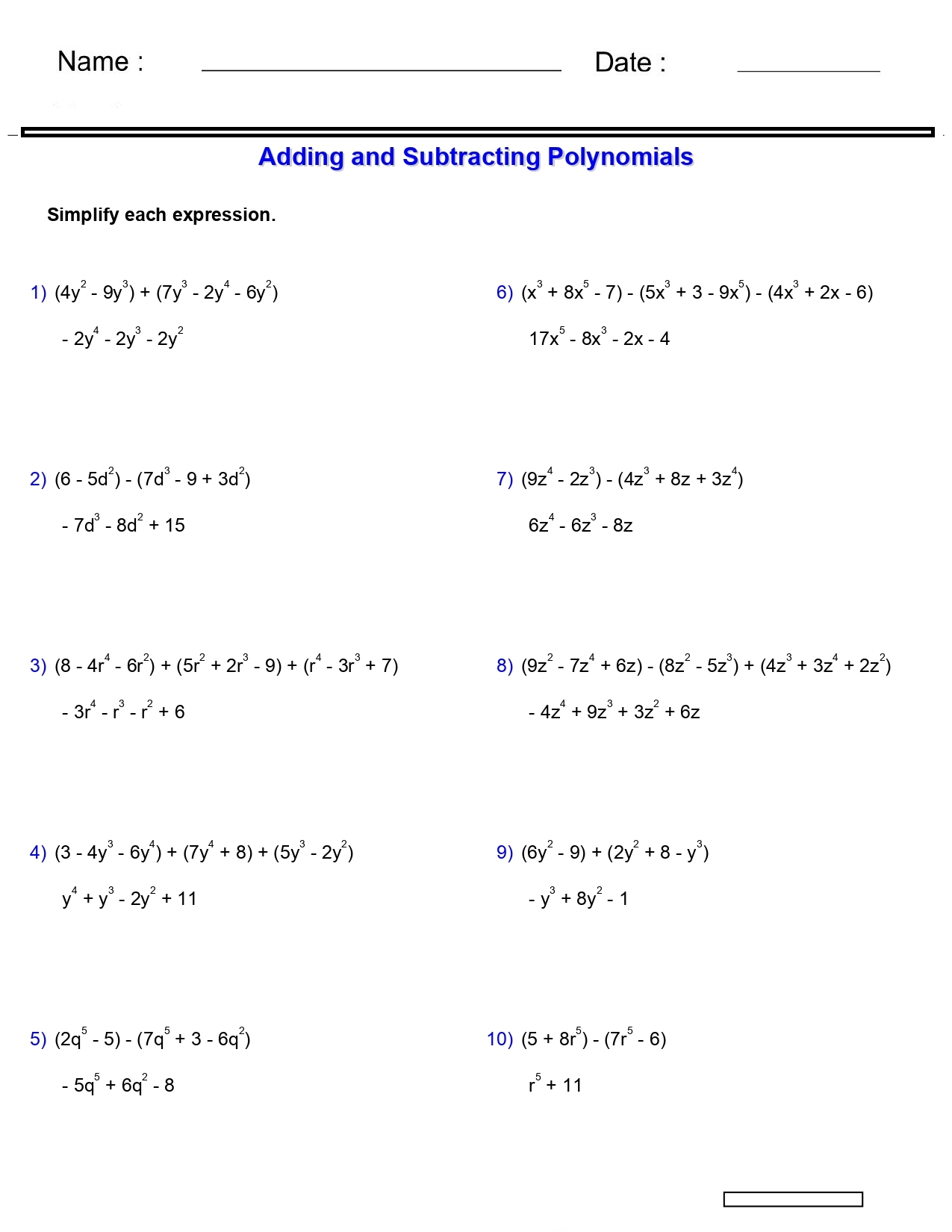 Pre Algebra Monomials And Polynomials Worksheets Adding And Subtracting Polyno Made By Teachers