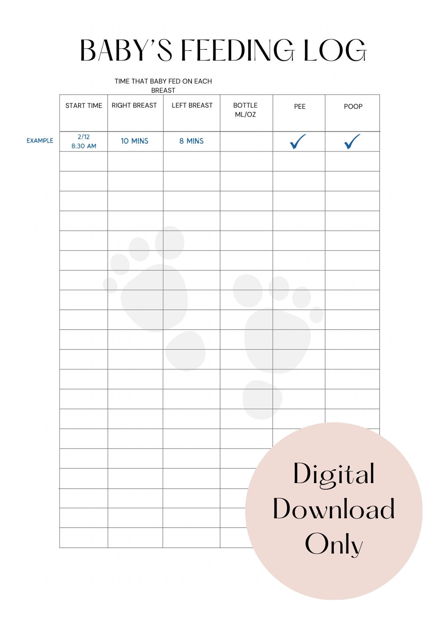 Printable Baby Best App To Track Newborn Feedings Printable Baby Feeding And Toileting Log Instant Download
