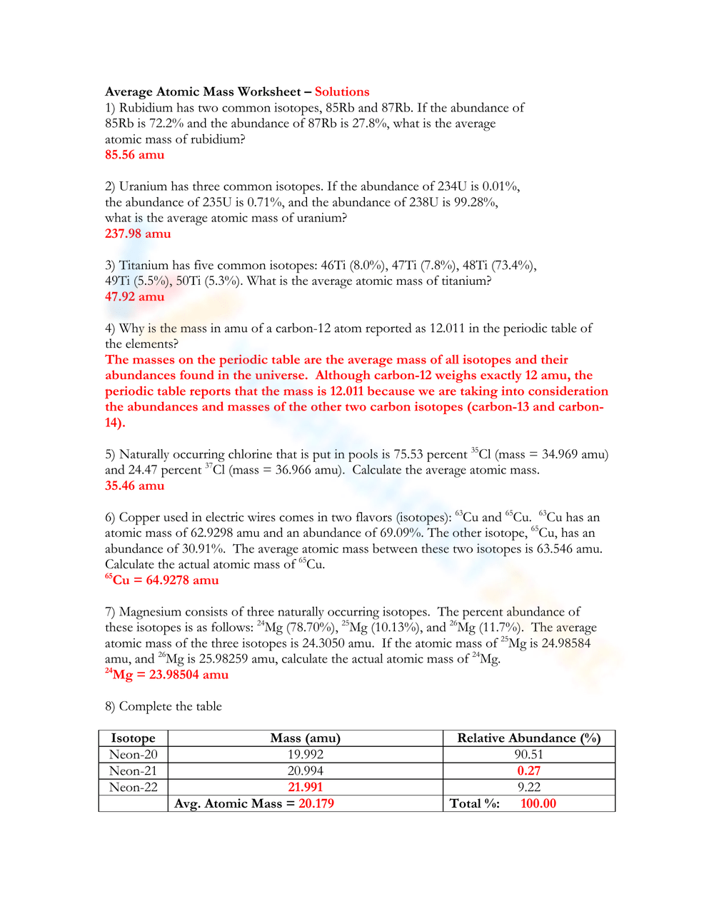Printable Grade 9 Calculating Average Atomic Mass Worksheets Printable Grade 9 Calculating Average Atomic Mass Worksheets