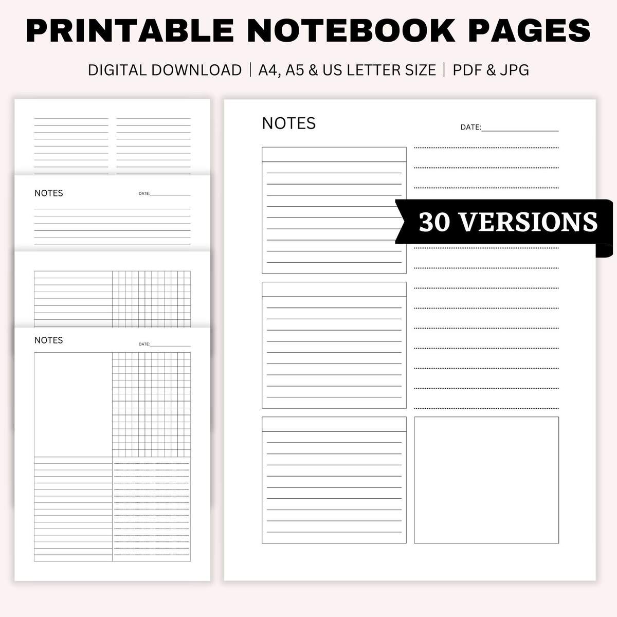 Printable Notebook Pages Note Taking Templates Notes Planner Lined Paper Writing Paper Planner Pages A4 A5 US Letter Size Etsy