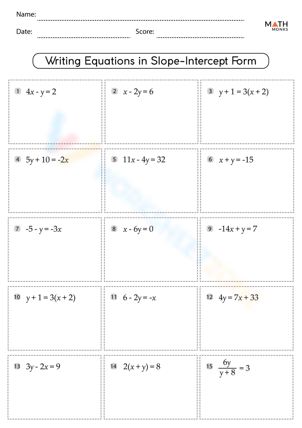 Slope Intercept Form Worksheets
