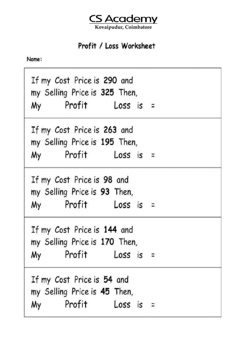 Profit And Loss Interactive Worksheet Worksheets Library