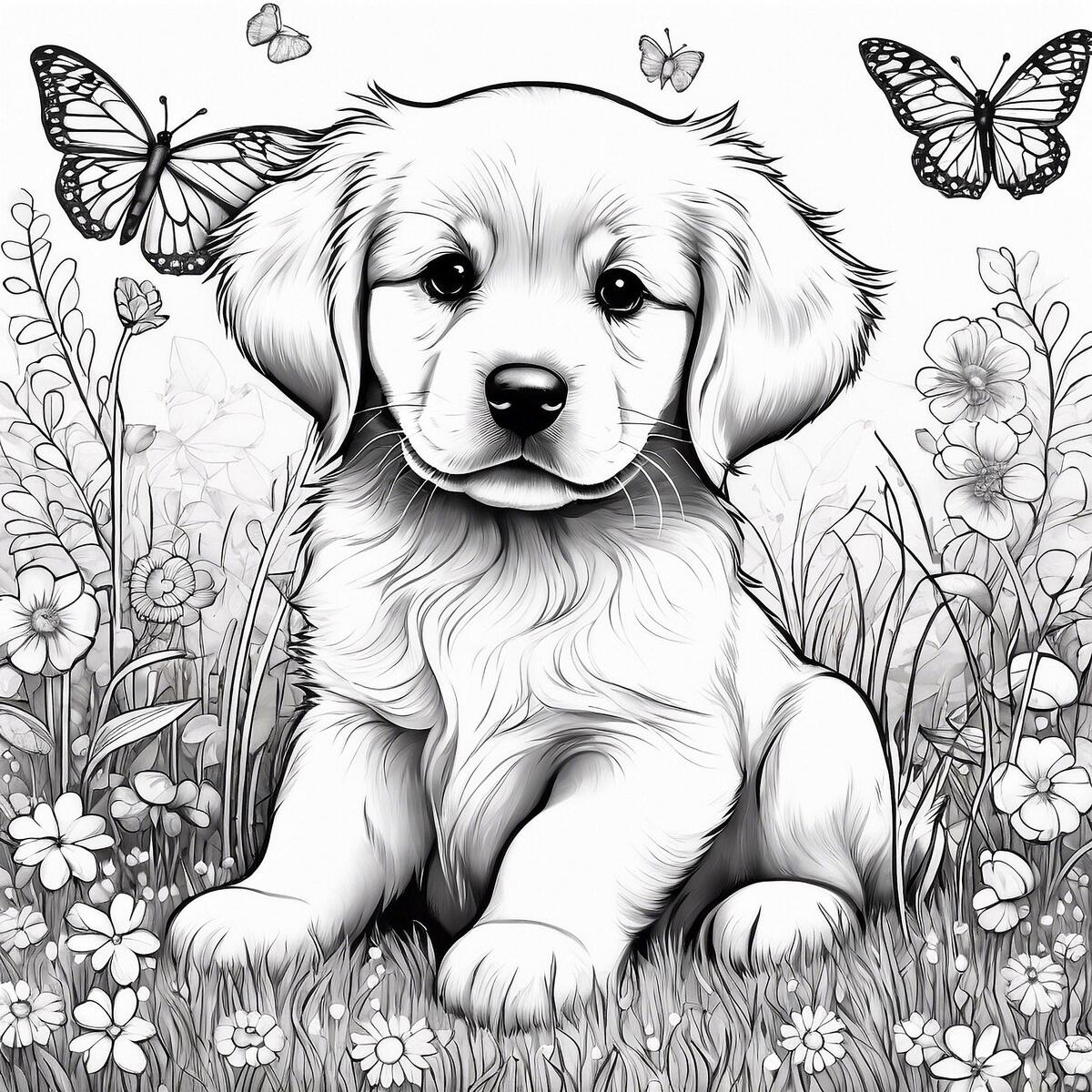 Puppy Coloring Page Flowers Butterflies Printable Dog Art Digital Download Etsy