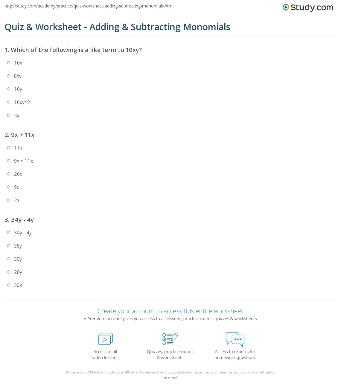 Quiz Worksheet Adding Subtracting Monomials Study