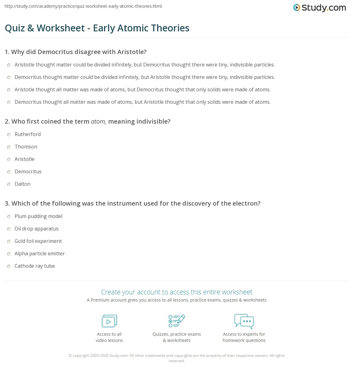 Quiz Worksheet Early Atomic Theories Study Quiz Worksheet Early Atomic Theories Study
