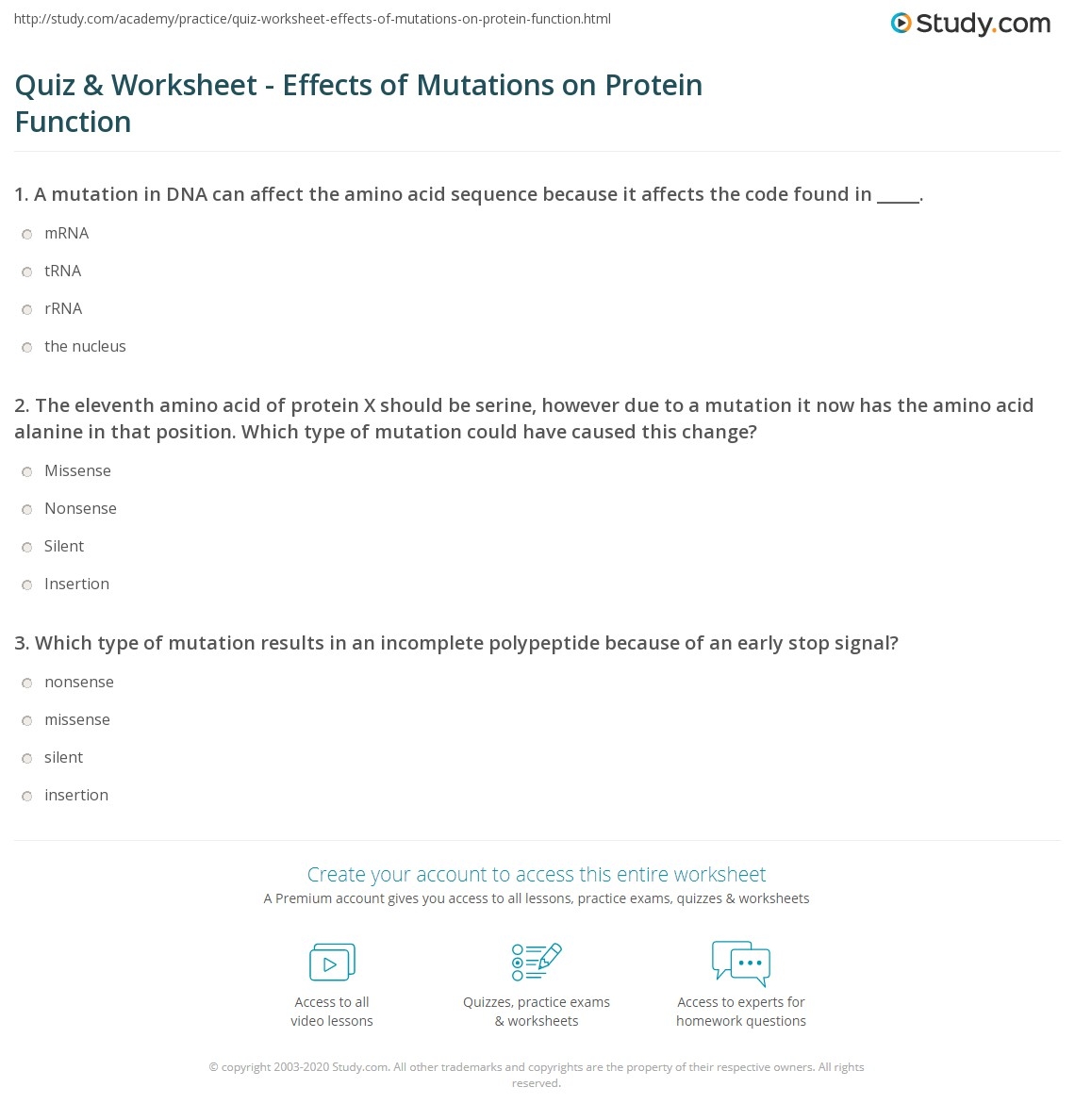 Quiz Worksheet Effects Of Mutations On Protein Function Study Quiz Worksheet Effects Of Mutations On Protein Function Study