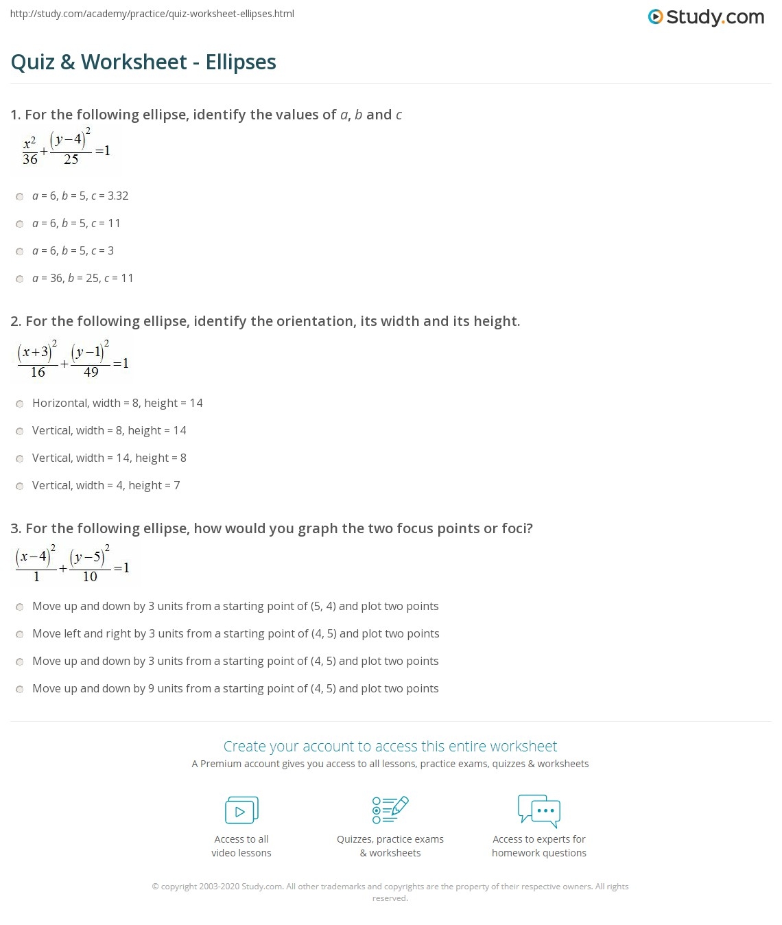 Quiz Worksheet Ellipses Study Quiz Worksheet Ellipses Study