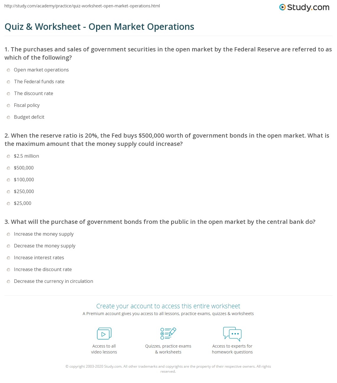 Quiz Worksheet Open Market Operations Study