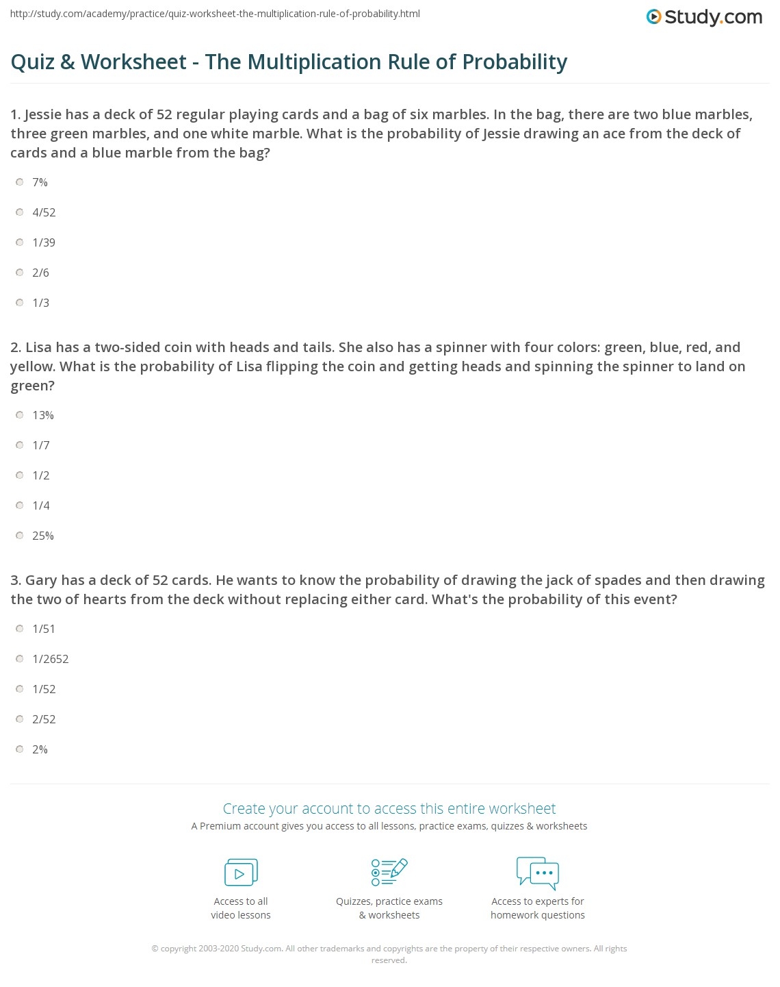 Quiz Worksheet The Multiplication Rule Of Probability Study