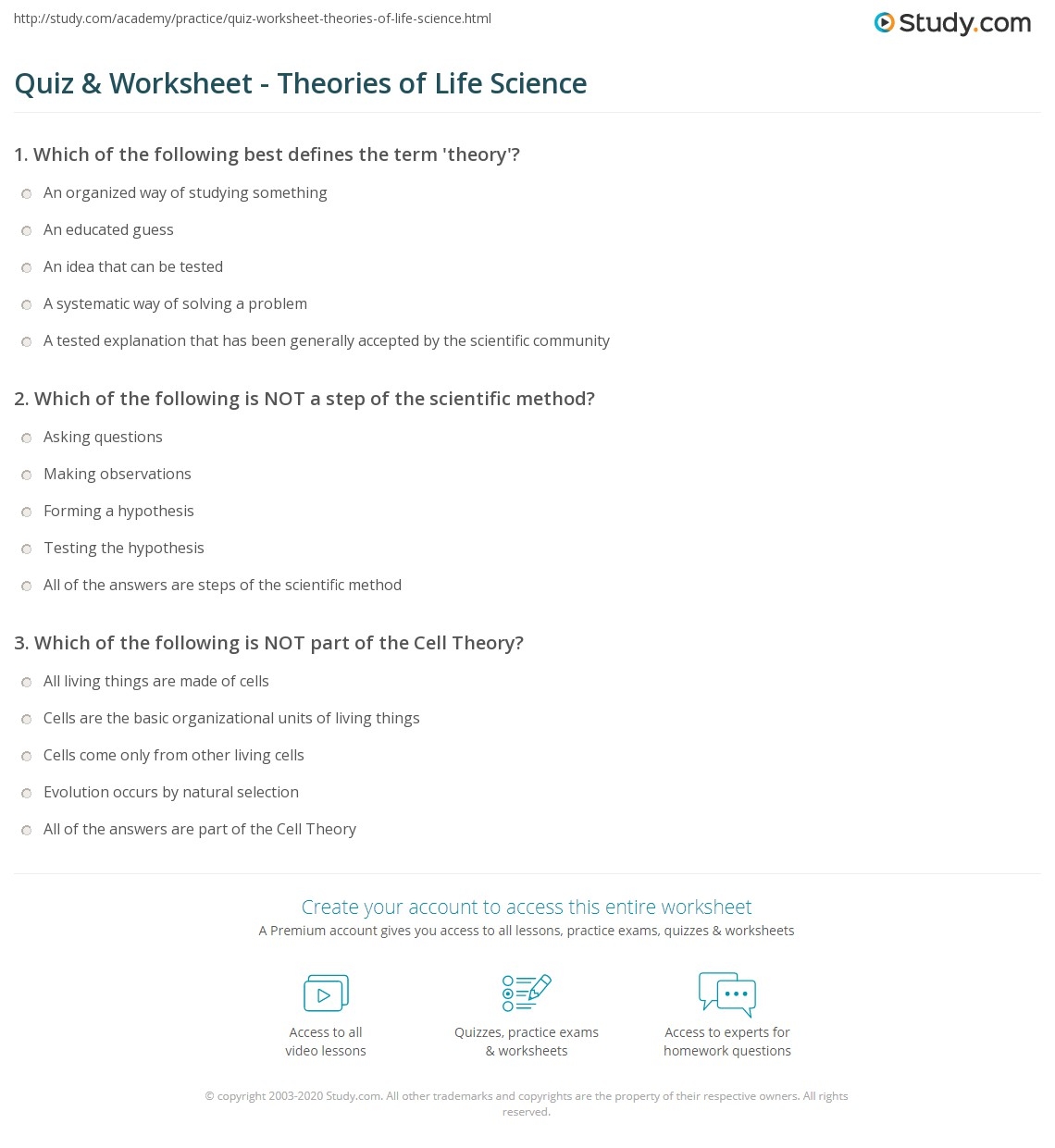 Quiz Worksheet Theories Of Life Science Study