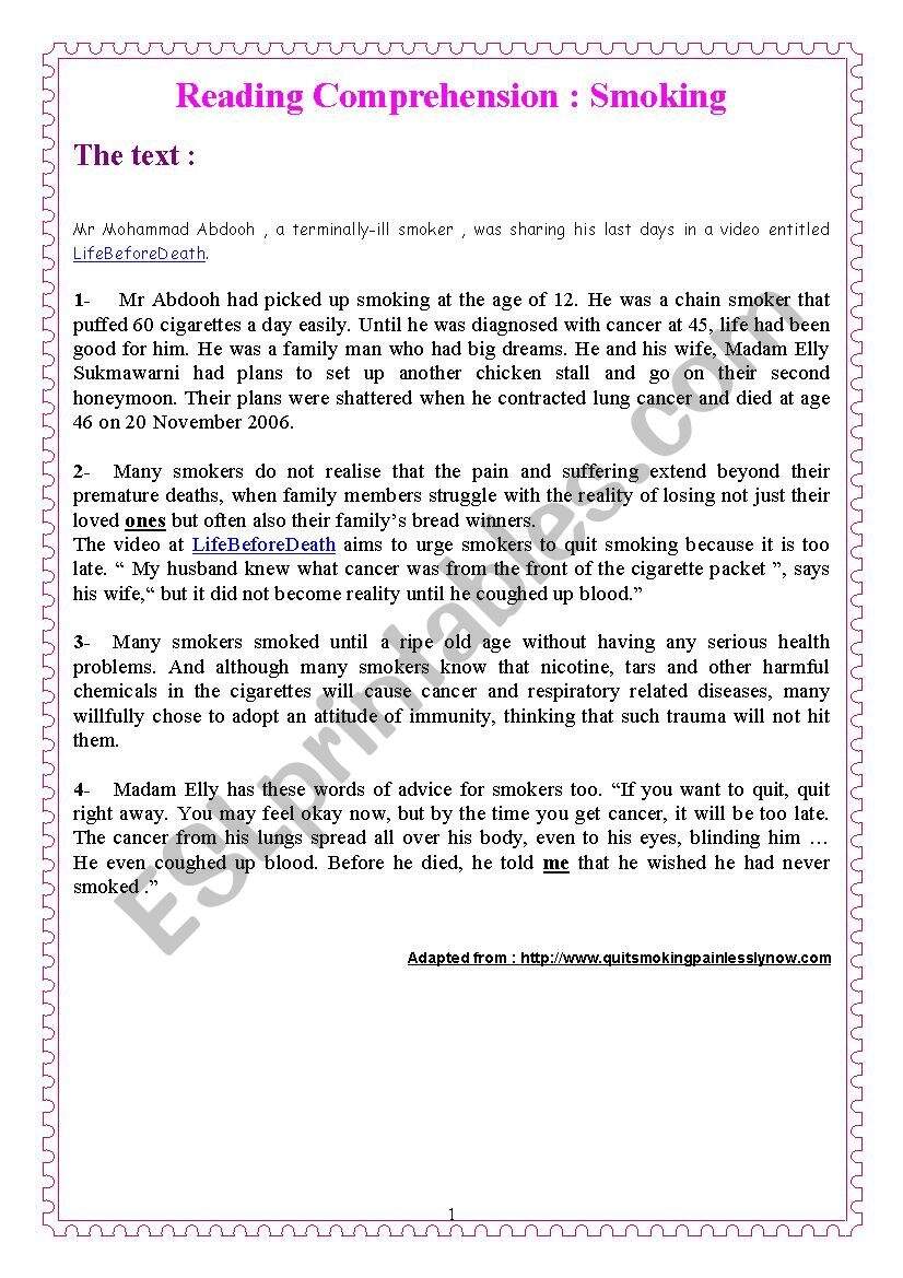 Reading Comprehension Smoking ESL Worksheet By Yasmin Tounsi