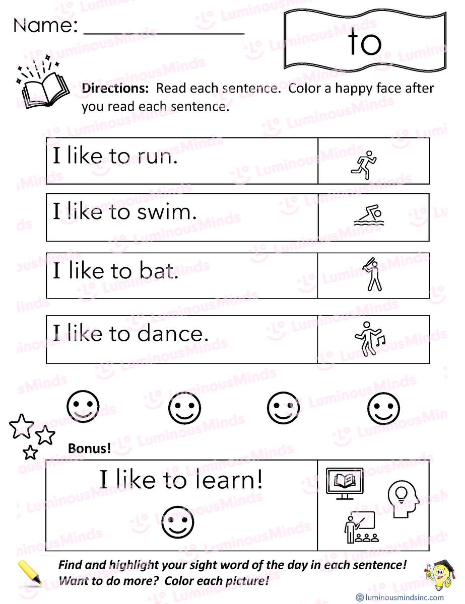 Reading Comprehension Worksheets Reading With Sight Word To Kindergarten Sight Word Too Worksheet Dolch Sight Words TPT