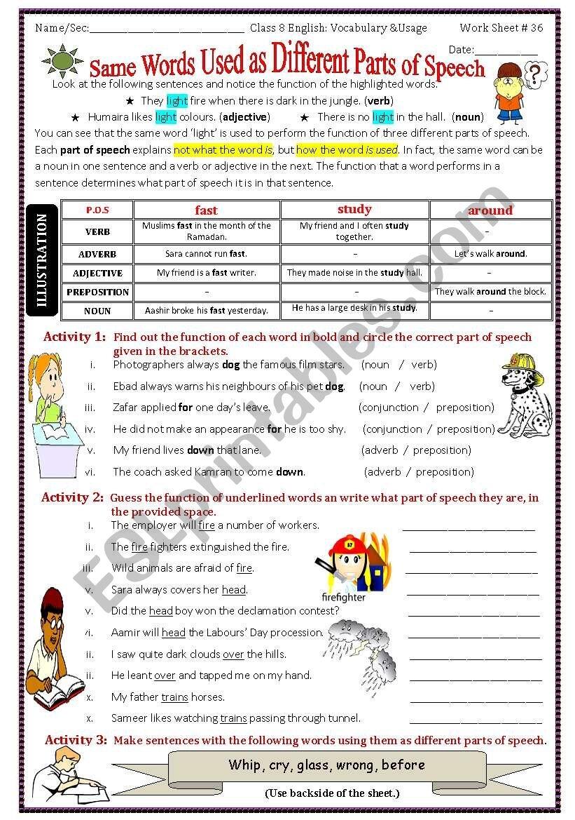 Same Words Used As Different Parts Of Speech ESL Worksheet By Jasmine Khan