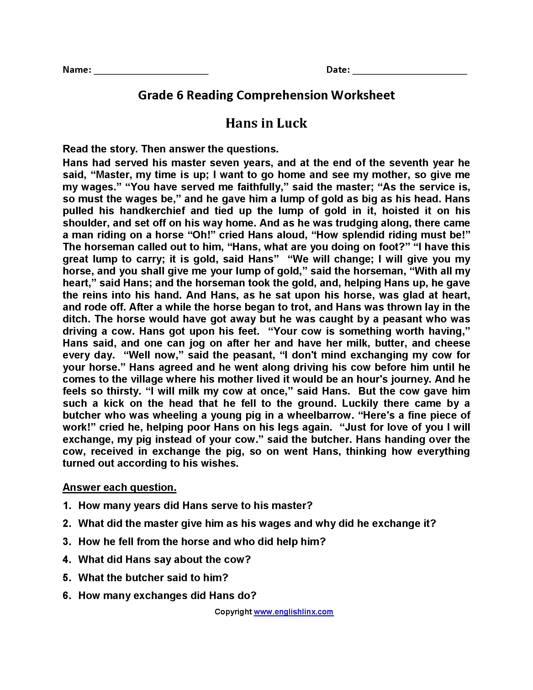 Sixth Grade Reading Worksheets Vocabulary Fluency Practice PDF Reading Comprehension Worksheets Online Or Printable