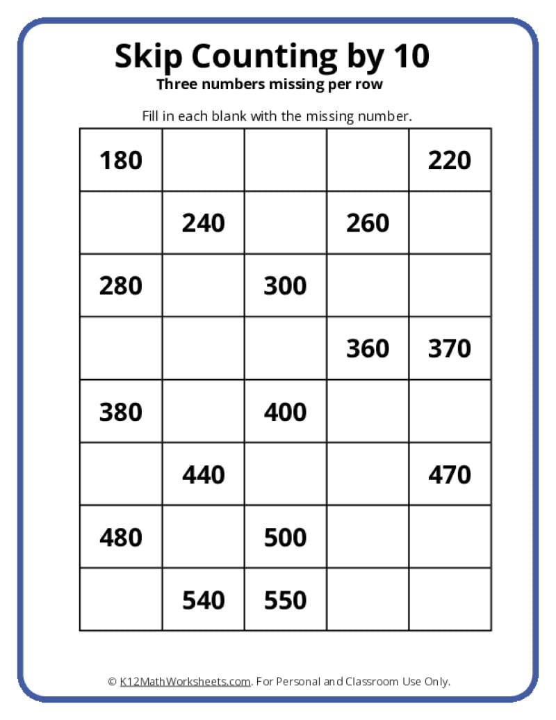 SKip Counting By 10 Worksheets