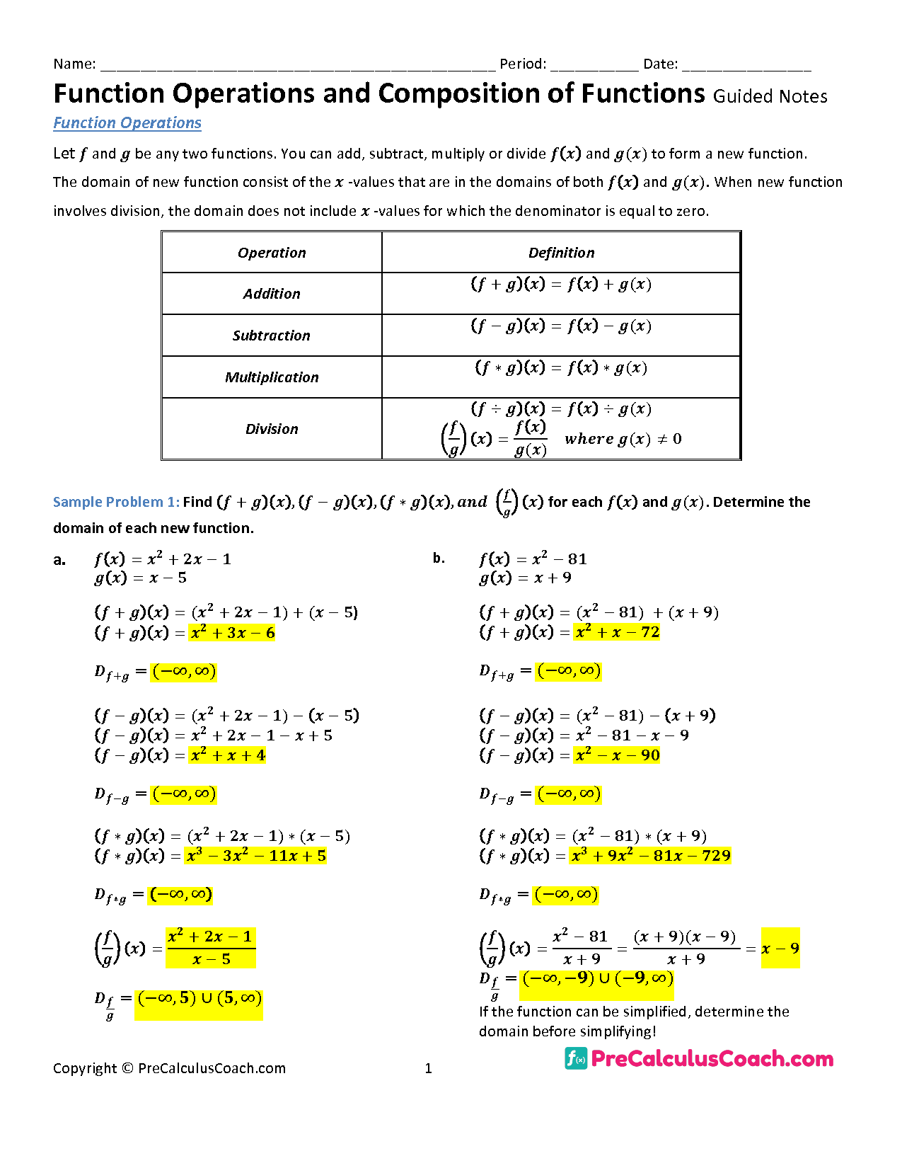 SOLUTION 1 6 Guided Notes Te Function Operations And Composition Worksheets Library Composite Functions Worksheet With Answers Exercises Algebra Worksheets Library