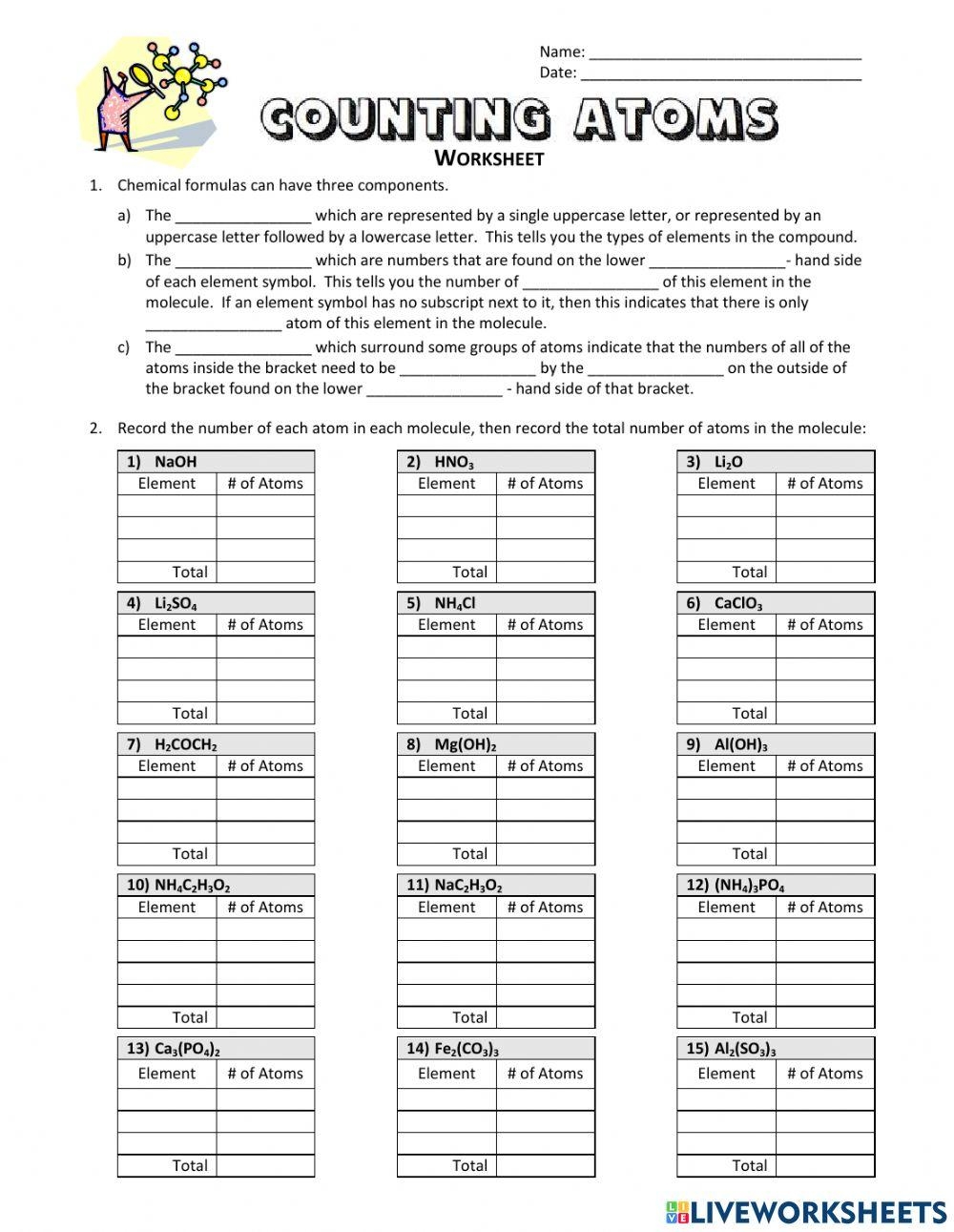 SOLUTION CHEMISTRY COUNTING ATOMS IN COMPOUNDS WORKSHEET 7 8 1 Worksheets Library SOLUTION CHEMISTRY COUNTING ATOMS IN COMPOUNDS WORKSHEET 7 8 1 Worksheets Library