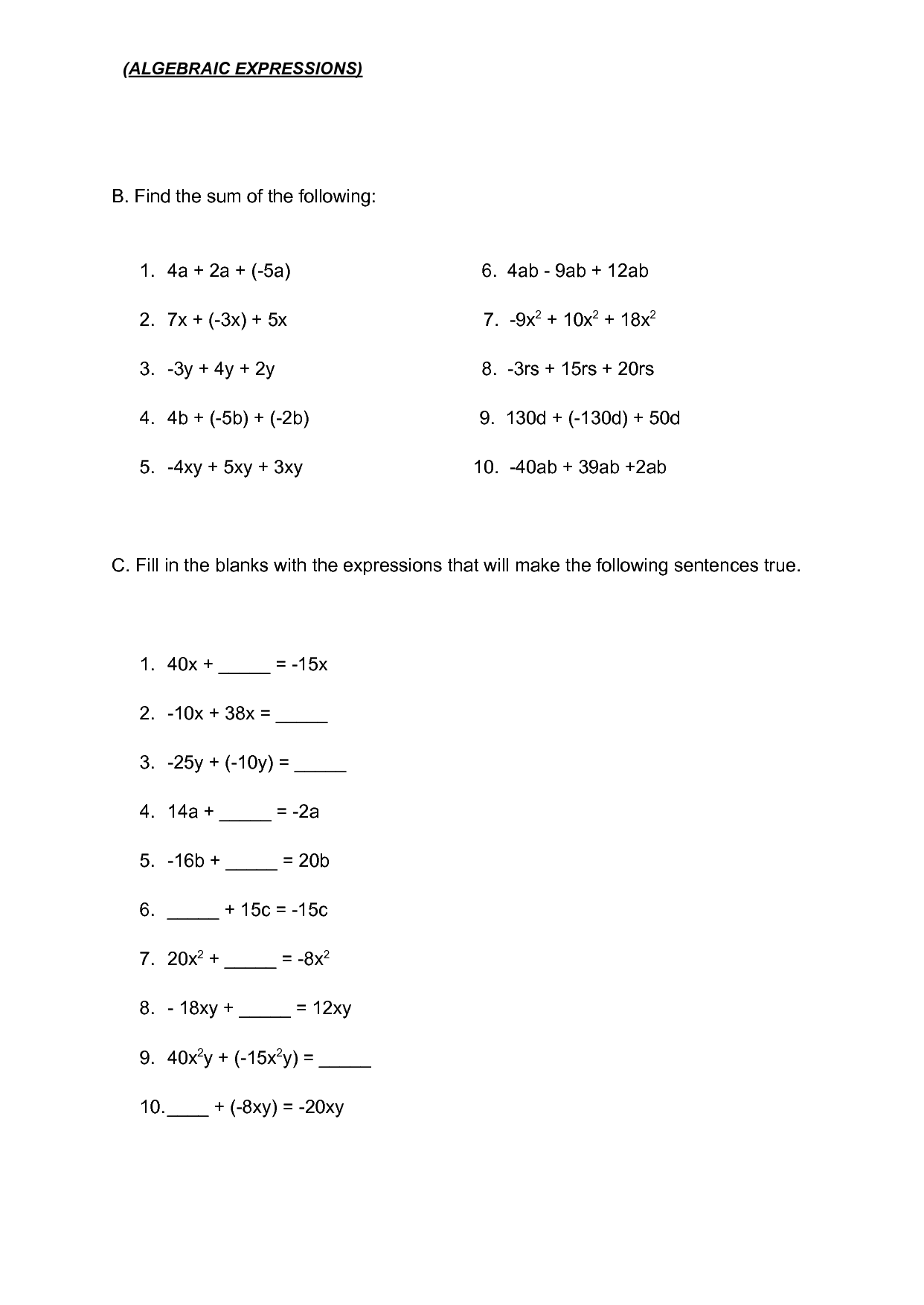 Adding And Subtracting Polynomials Worksheets Worksheets Library