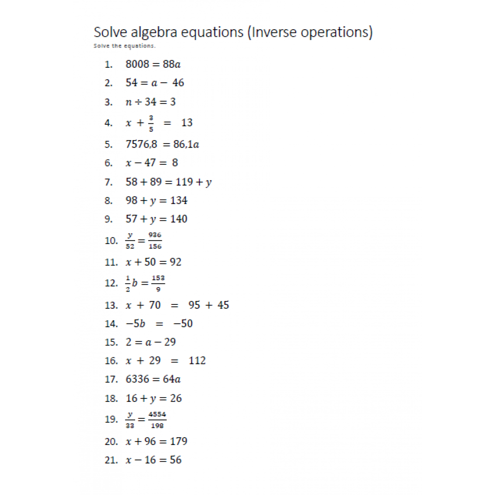 Solve Algebra Equations Inverse Operations Worksheets Library