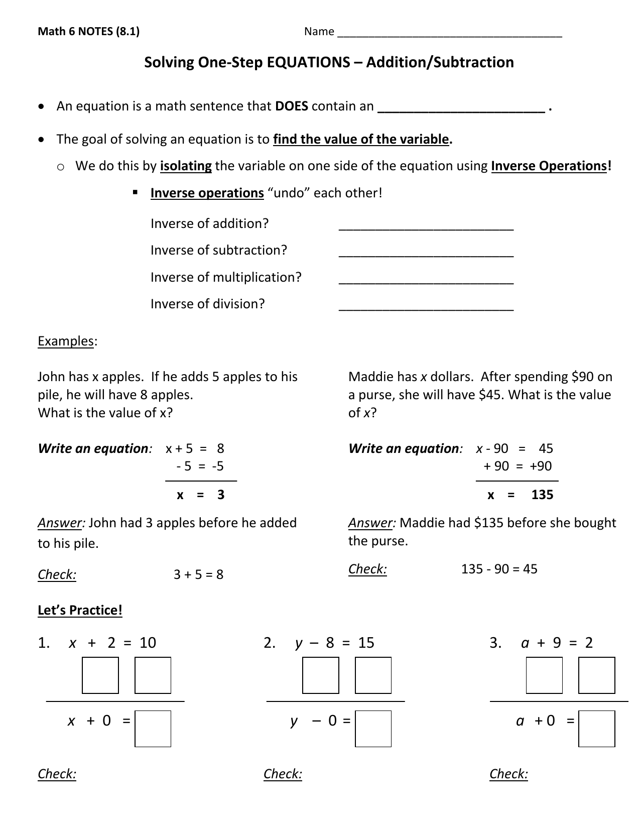 Solving One Step Equations Addition Subtraction Math 6 Solving One Step Equations Addition Subtraction Math 6