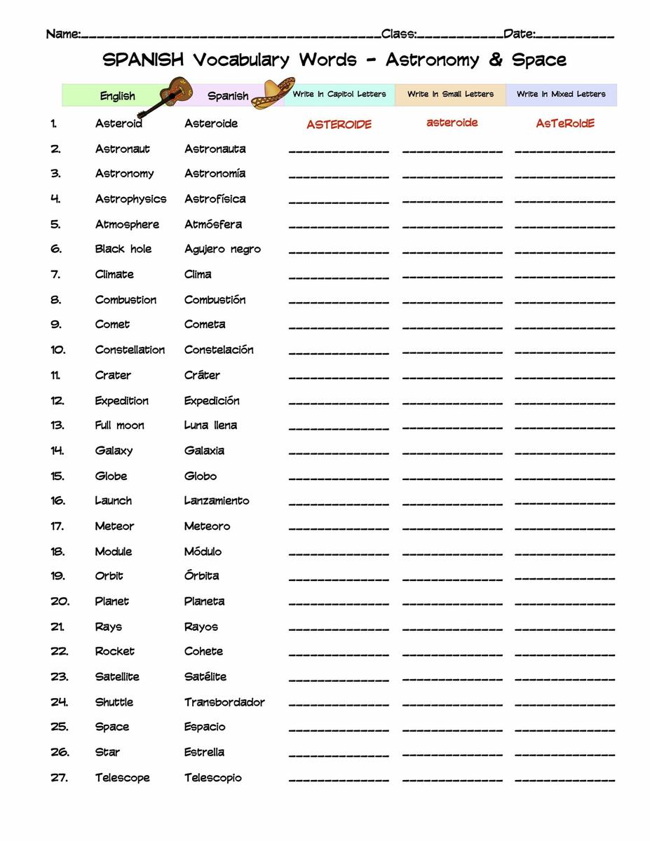 Spanish Astronomy Space Column Vocabulary Worksheet Worksheets Library