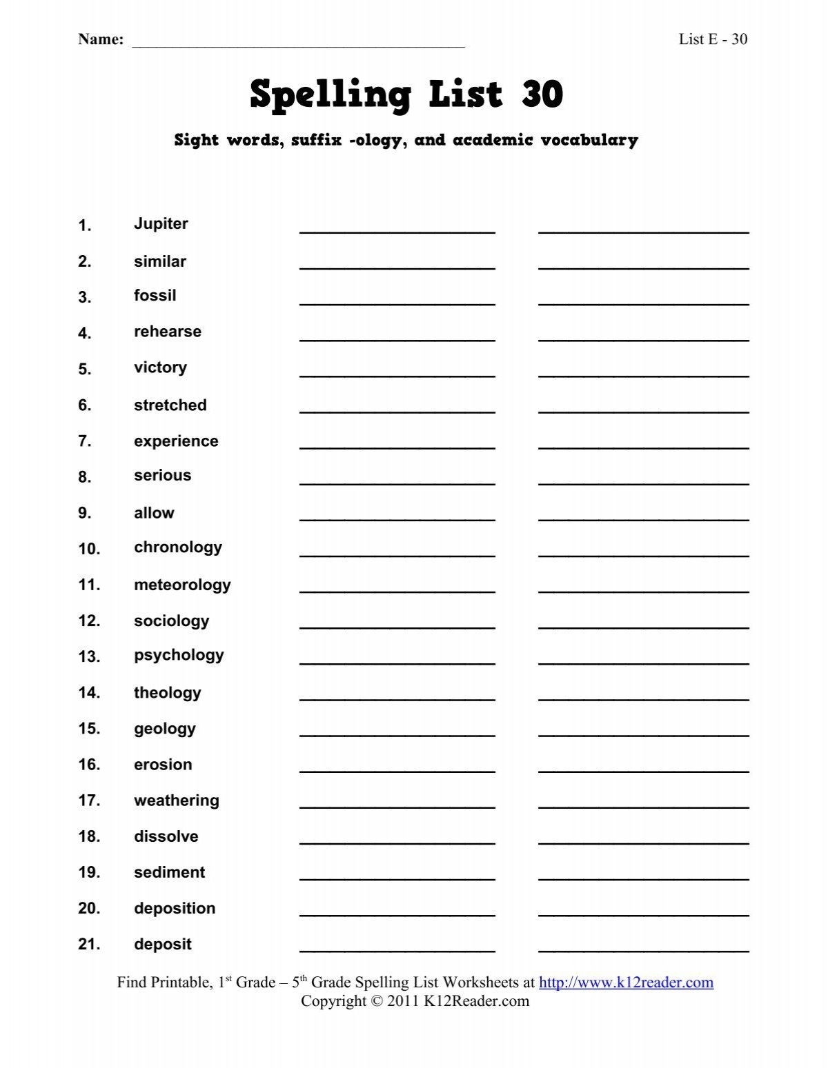 Spelling Word List E 30