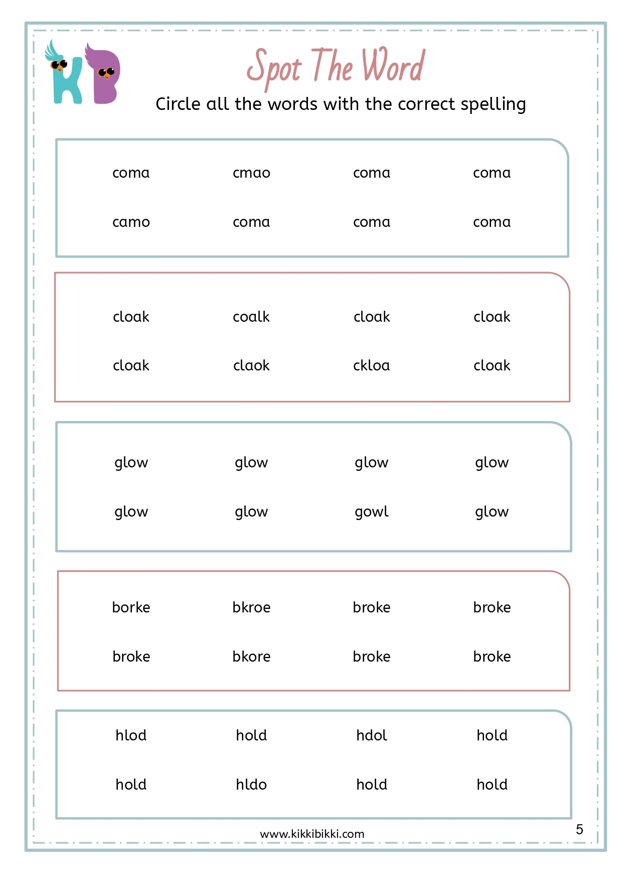 Spot The Word Free OA OW OE OL Vowel Digraph Worksheets
