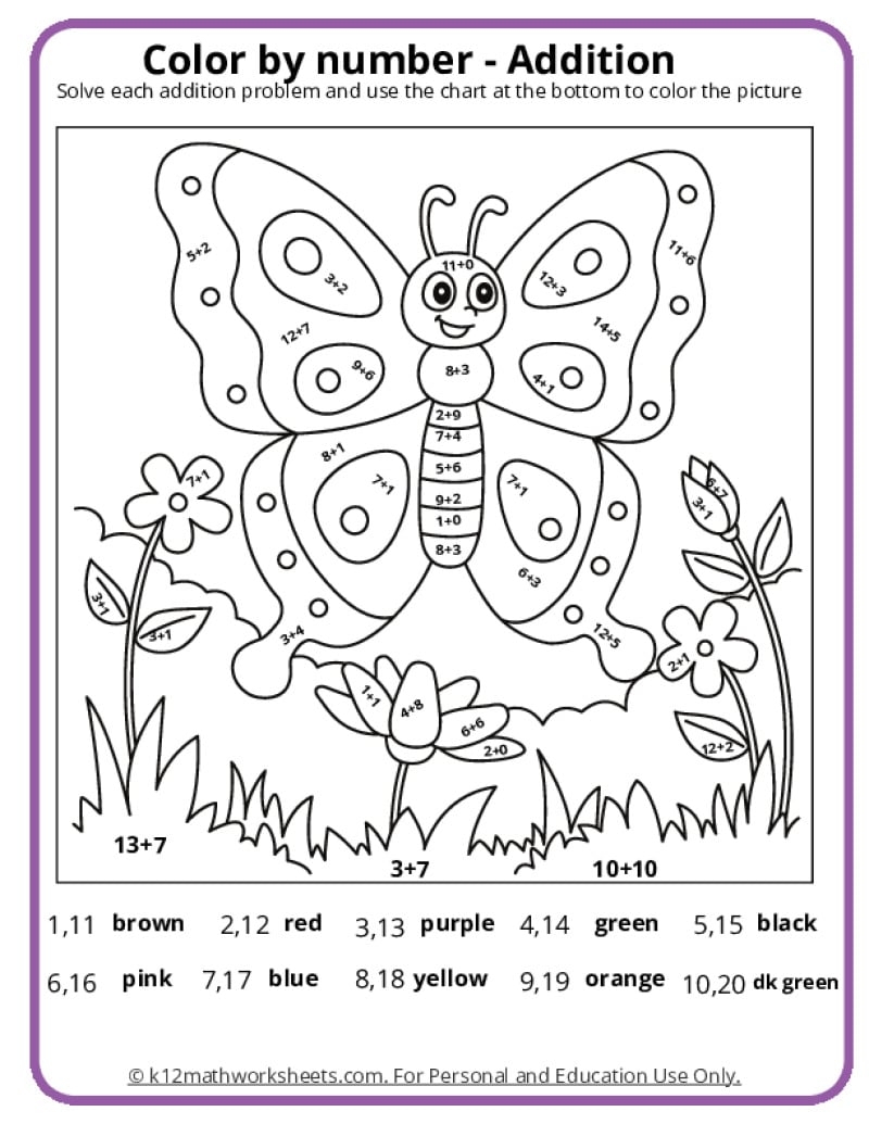 Addition Color By Number Worksheets Nature Inspired Learning