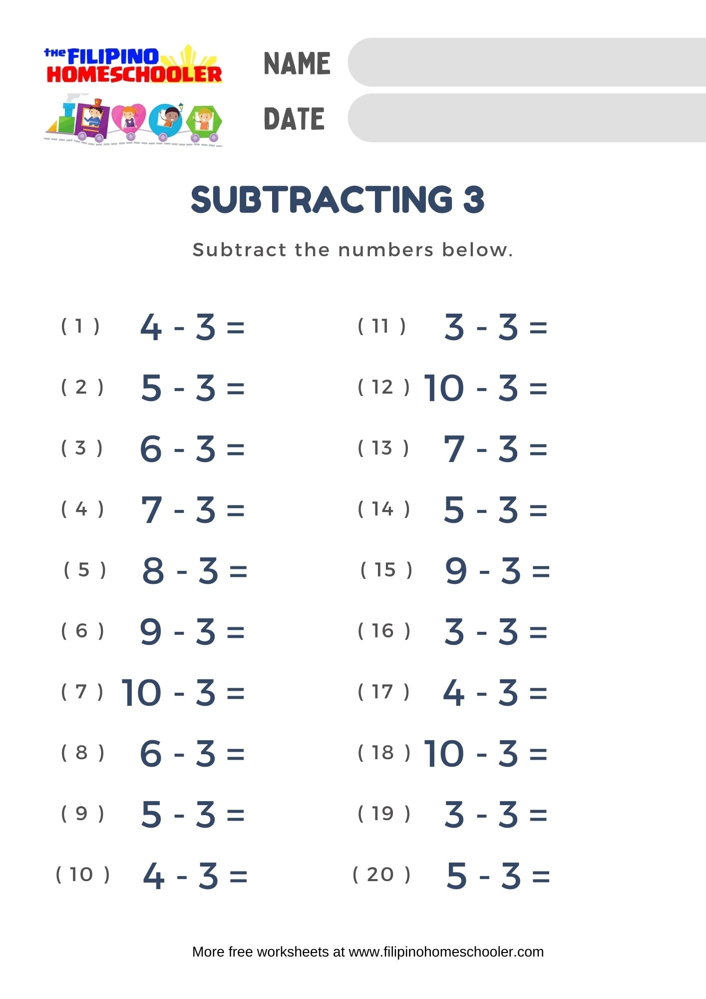 Subtraction By 3 Worksheets The Filipino Homeschooler