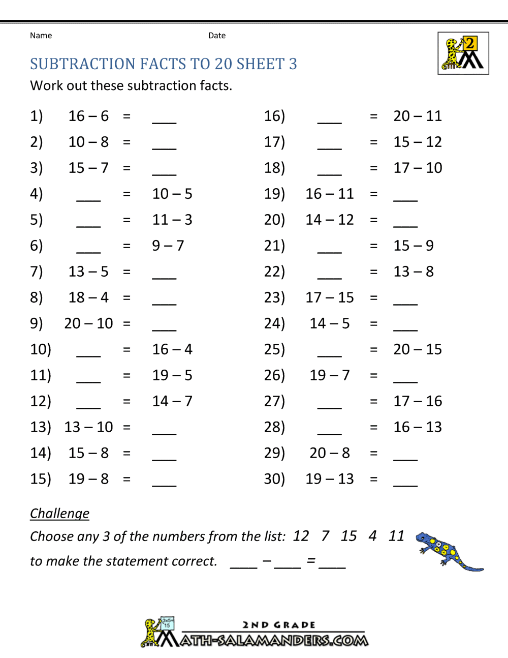 Subtracting 1 20 Questions Fun And Engaging K Grade PDF Worksheets Cazoom Math