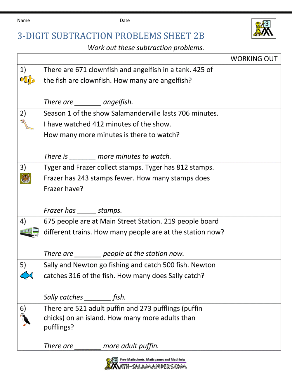 Subtraction Word Problems 3rd Grade