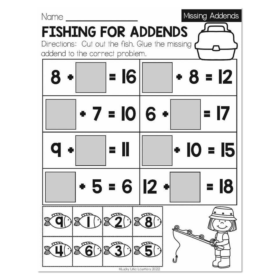 Summer Early Finishers 1st Grade Math Missing Addends Fishing For Addends Worksheets Library Missing Addend Sums No More Than 20 Grade 1 Addition Worksheets ArgoPrep