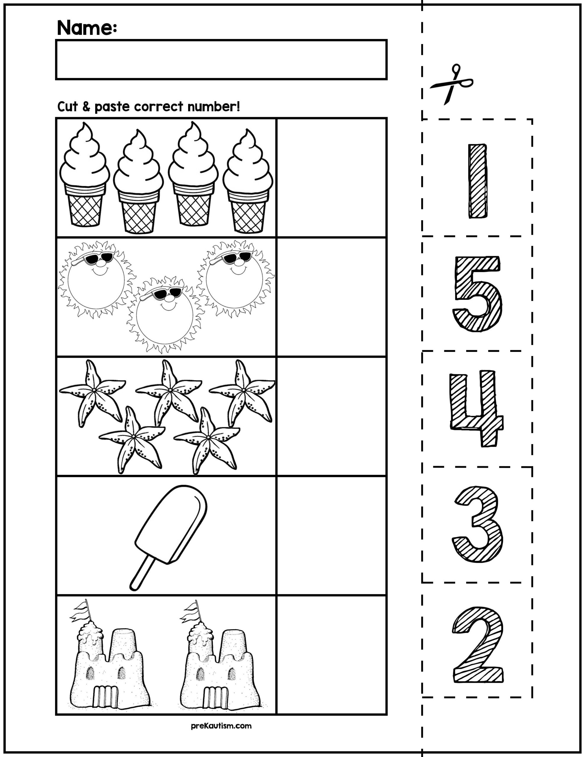 Summer Objects Cut Match Worksheets Numbers 1 5 By PreKautism Number Recognition Worksheets 1 10 The Filipino Homeschooler