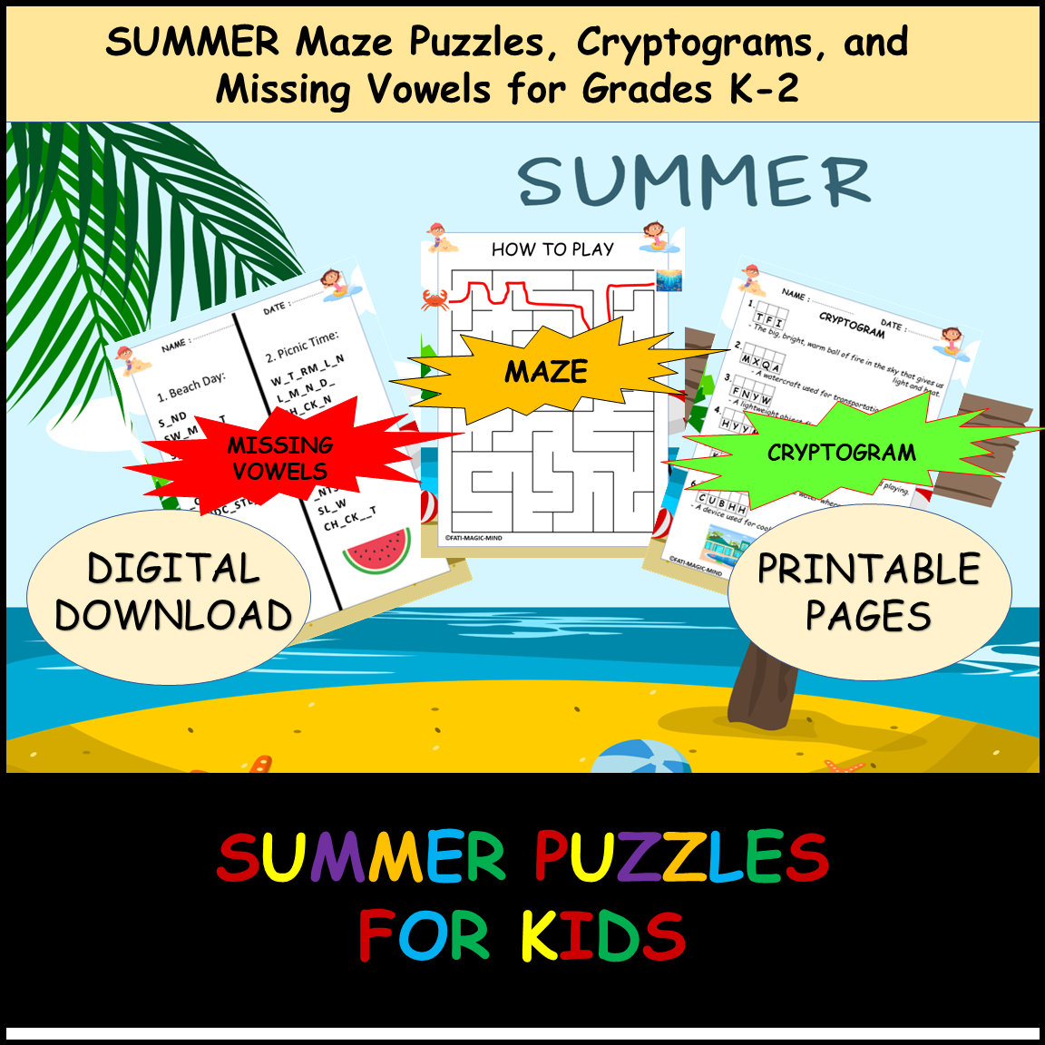 Summer Puzzles Maze Cryptogram Missing Vowel End Of The Year Activities Grd K 2 Made By Teachers Missing Vowels Beach Game Fun Powerpoint Game Digital Download Etsy