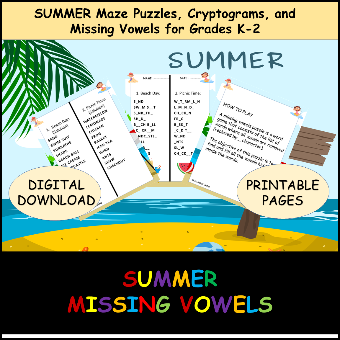 Summer Puzzles Maze Cryptogram Missing Vowel End Of The Year Activities Grd K 2 Made By Teachers