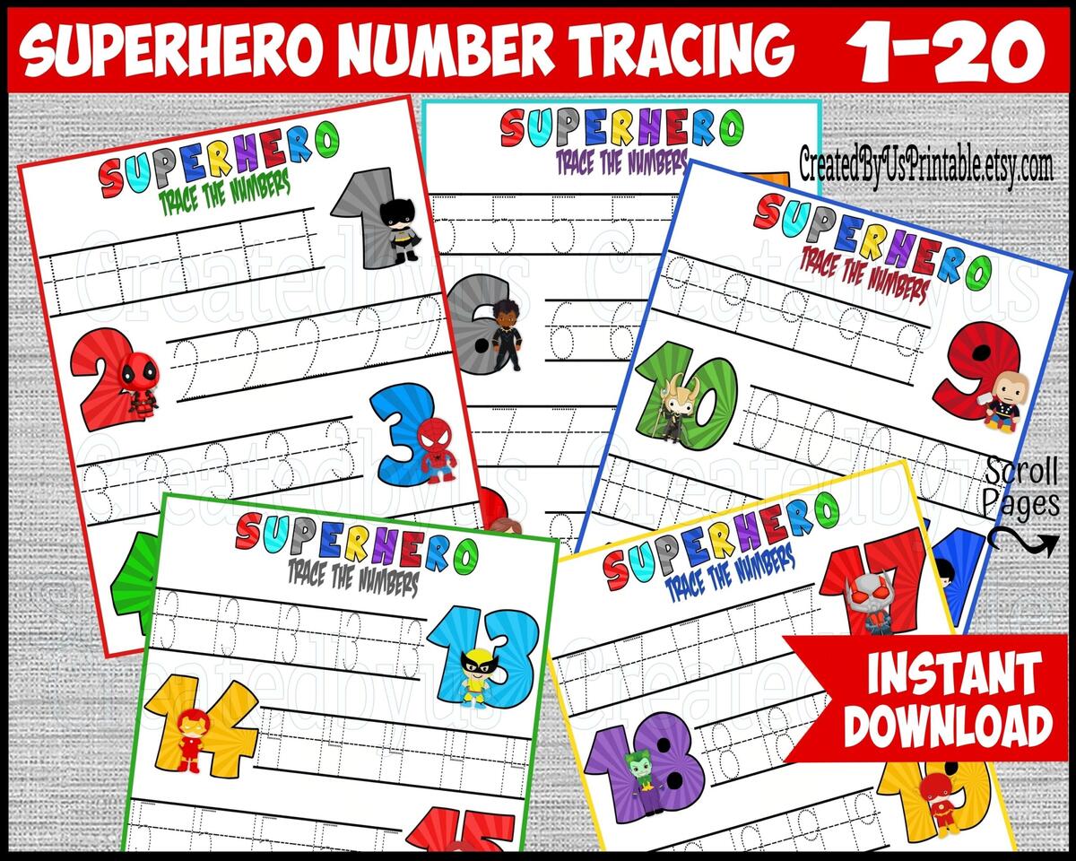 Superhero Number Writing Practice Preschool Numbers Practice Worksheets Kindergarten Printable Numbers 1 20 Trace Worksheet INSTANT DOWNLOAD Etsy
