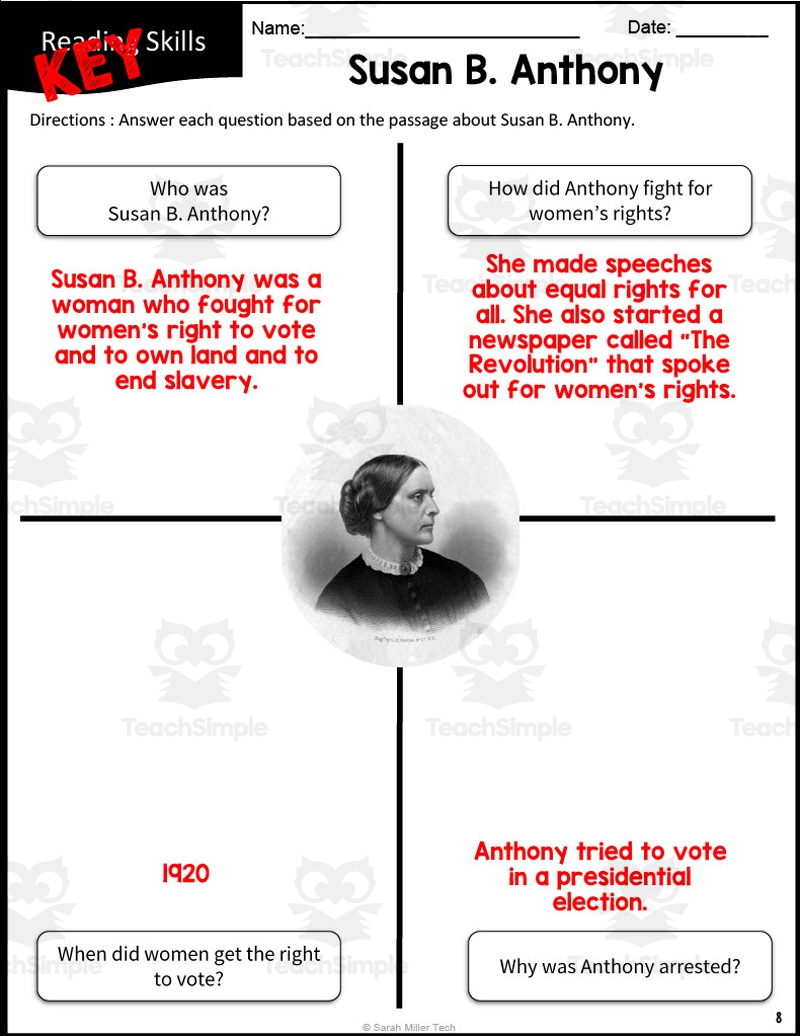 Susan B Anthony Reading Comprehension Women S History PDF Etsy