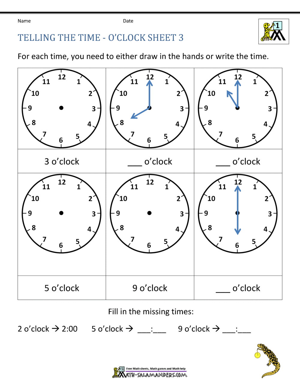 Telling Time Worksheets O Clock And Half Past