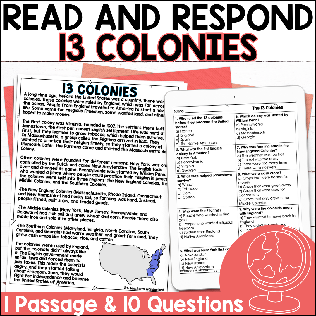 The 13 Colonies Reading Comprehension Questions History Centers Passage A Teacher S Wonderland