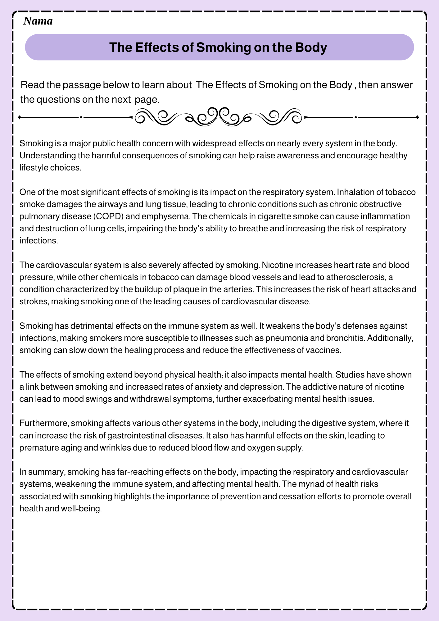 Reading Comprehension Smoking ESL Worksheet By Yasmin Tounsi