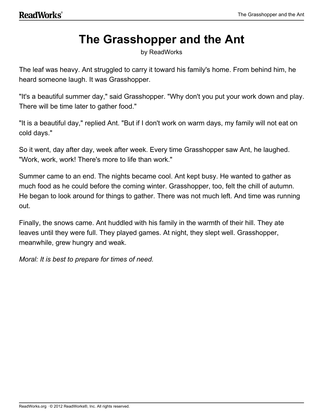 The Grasshopper And The Ant Reading Comprehension