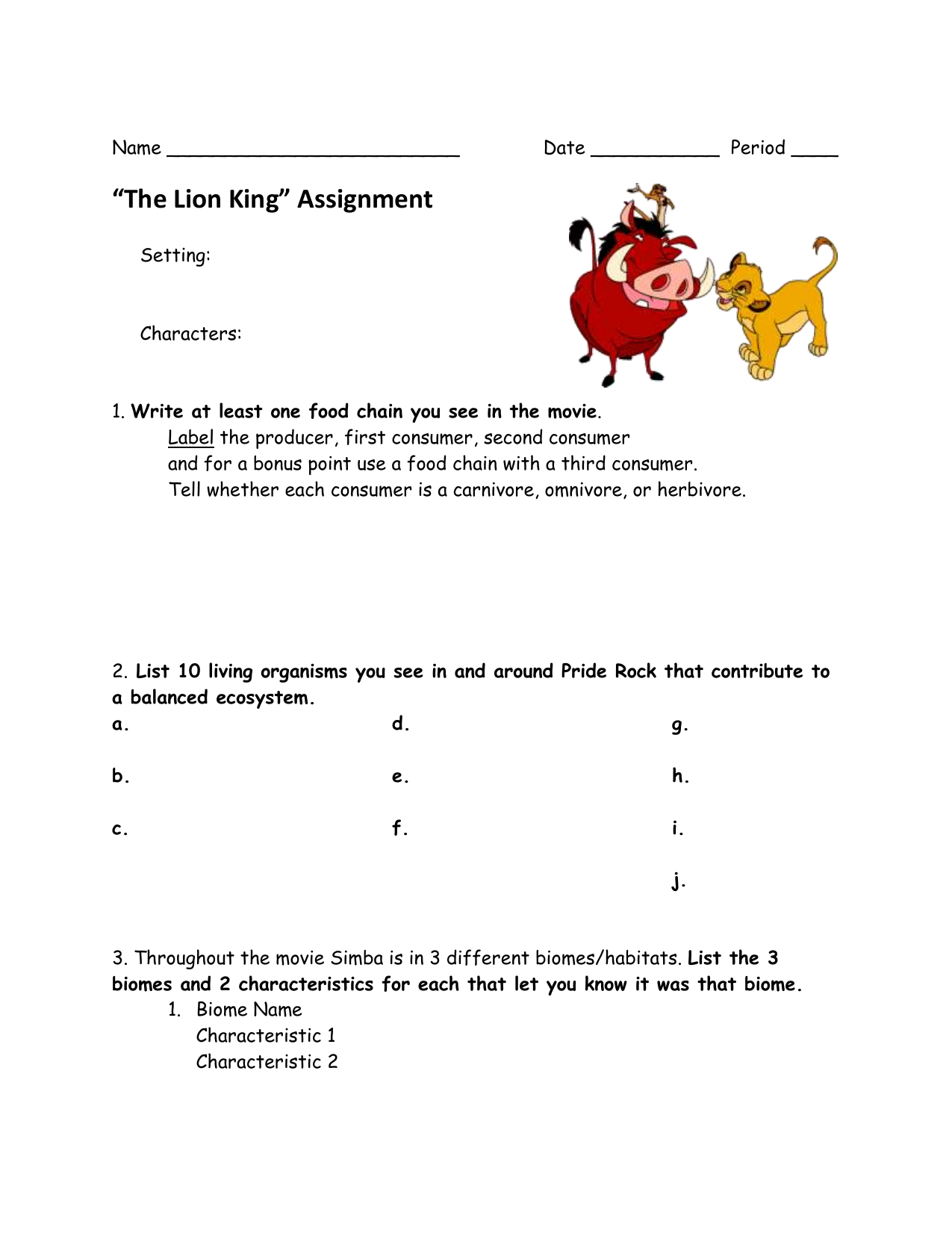 The Lion King Ecology Worksheet