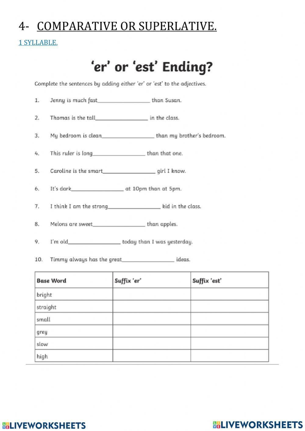 The Suffixes Er And Est Worksheet English Year 2 Worksheets Library