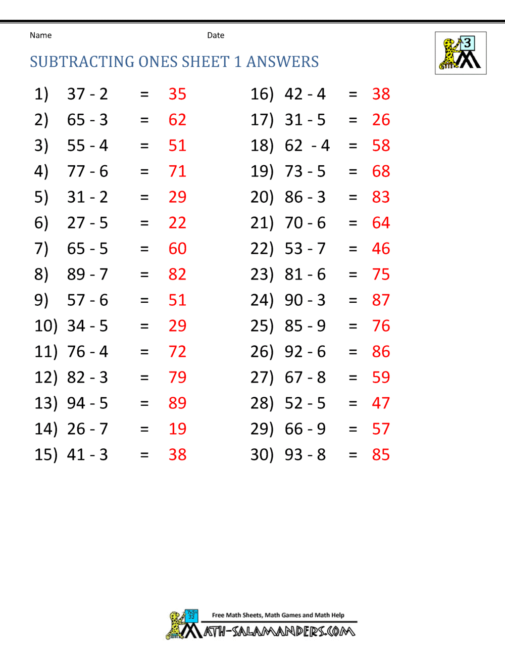 Third Grade Subtraction Worksheets